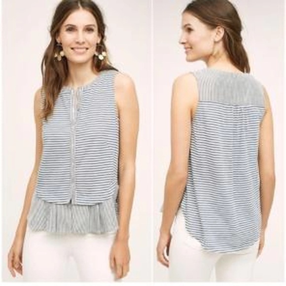 Meadow Rue Tops - Meadow Rue Navy and White Striped Sleeveless Ruffle Hem Top